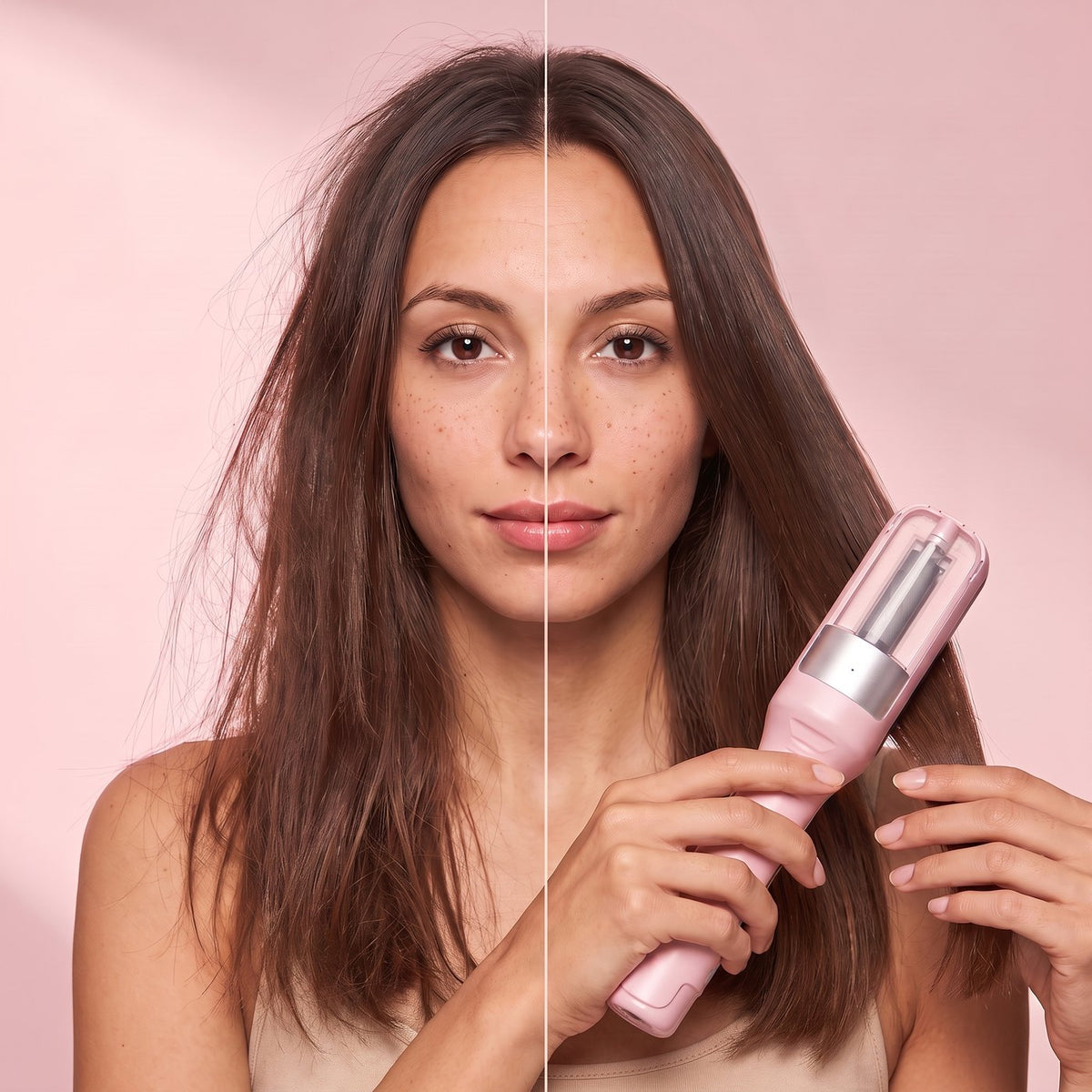 Avant/après GlowTrim Pro : pointes fourchues à gauche, cheveux lisses à droite, même longueur